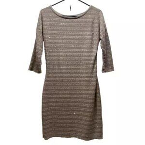 Express Dress Women's Medium Taupe Striped Sequin Stretch 3/4 Sleeves Fitted EUC